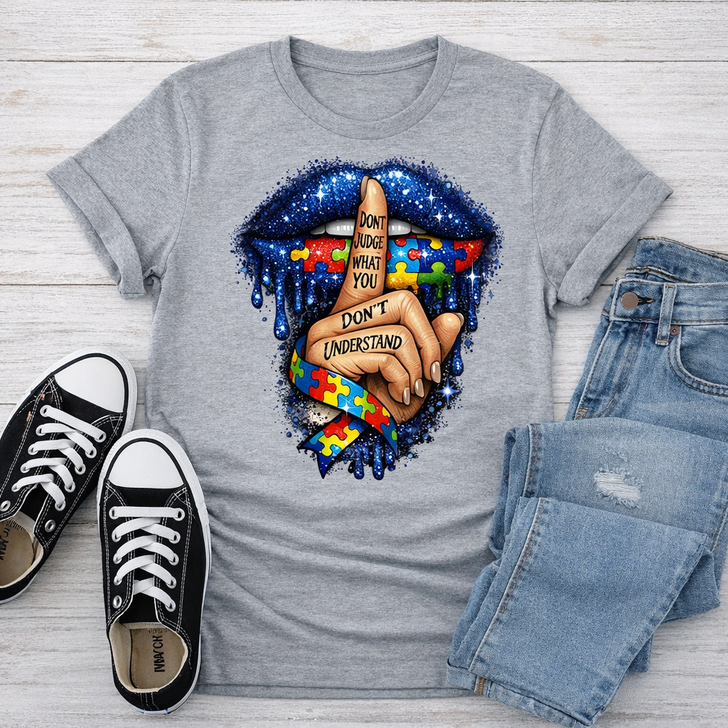 Autism Awareness “Don’t Judge What You Don’t Understand” DTF Transfer | Puzzle Ribbon Lips Design | Heat Press Transfer
