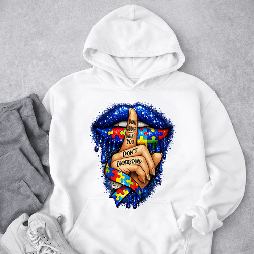 Autism Awareness “Don’t Judge What You Don’t Understand” DTF Transfer | Puzzle Ribbon Lips Design | Heat Press Transfer