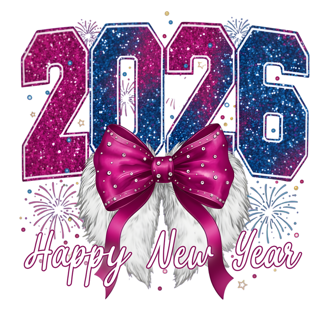 Happy New Year 2026 — Glam Bow & Wings Premium DTF Heat Transfer (Film Only)