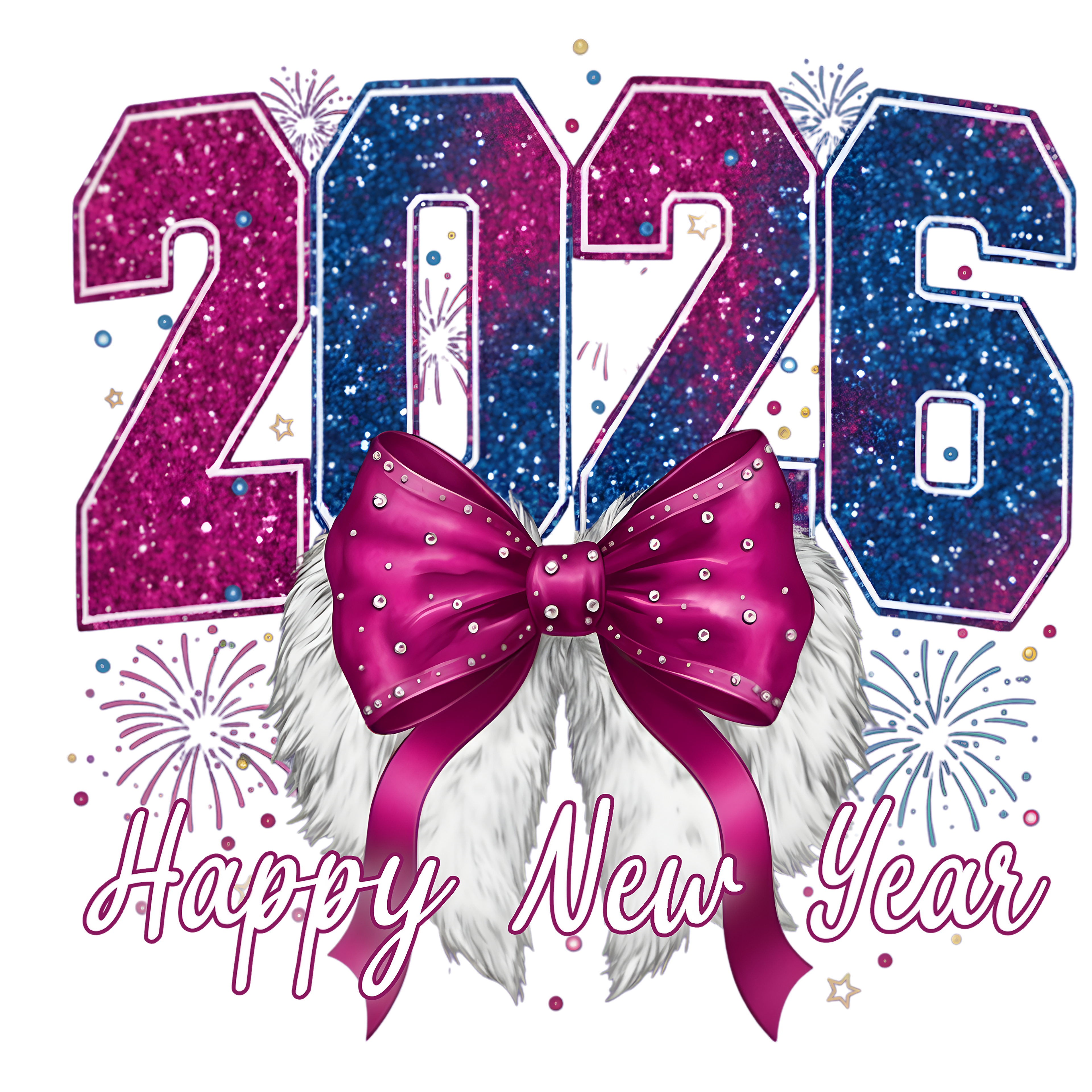 Happy New Year 2026 — Glam Bow & Wings Premium DTF Heat Transfer (Film Only)