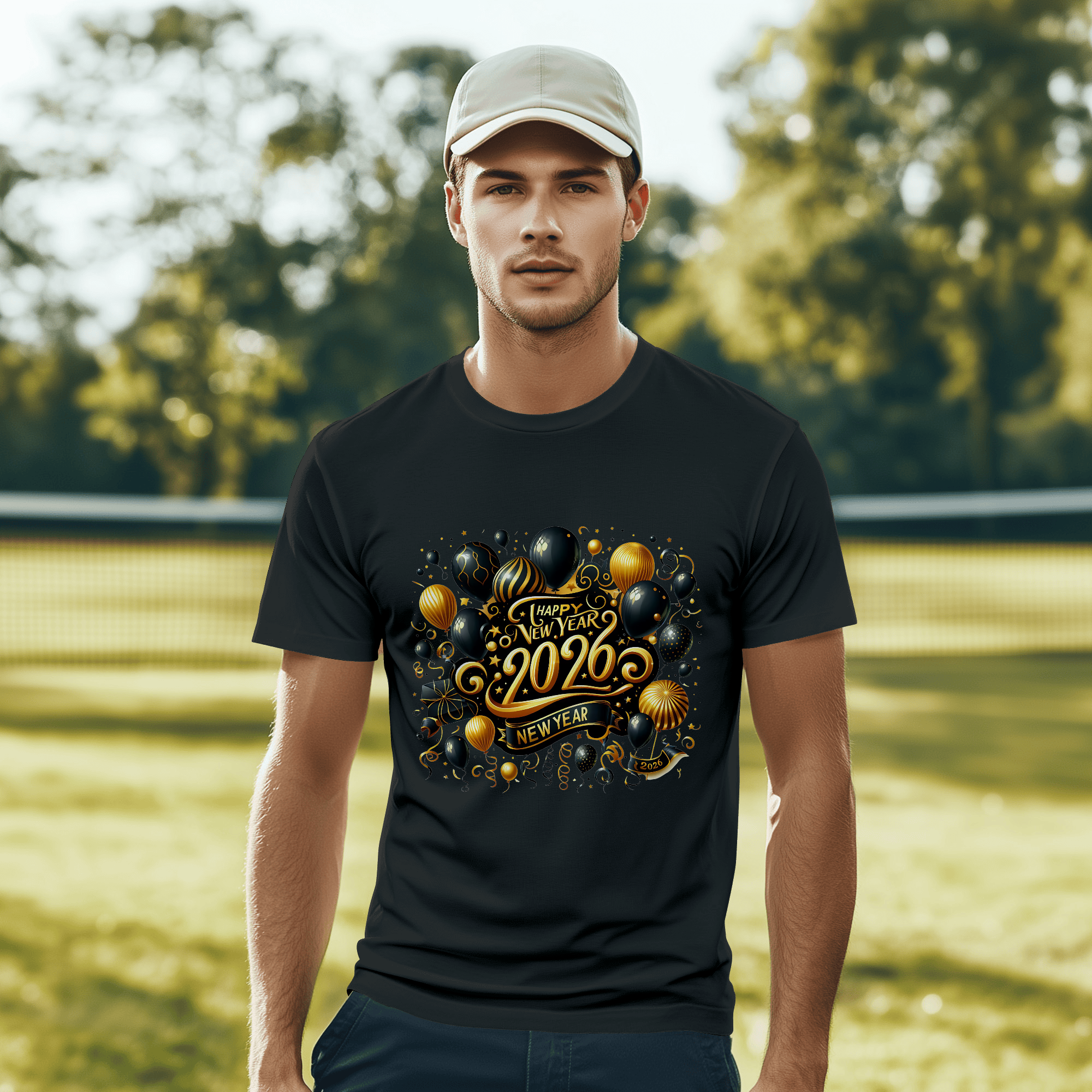 Happy New Year 2026 — Gold Balloon Celebration Premium DTF Heat Transfer (Film Only)