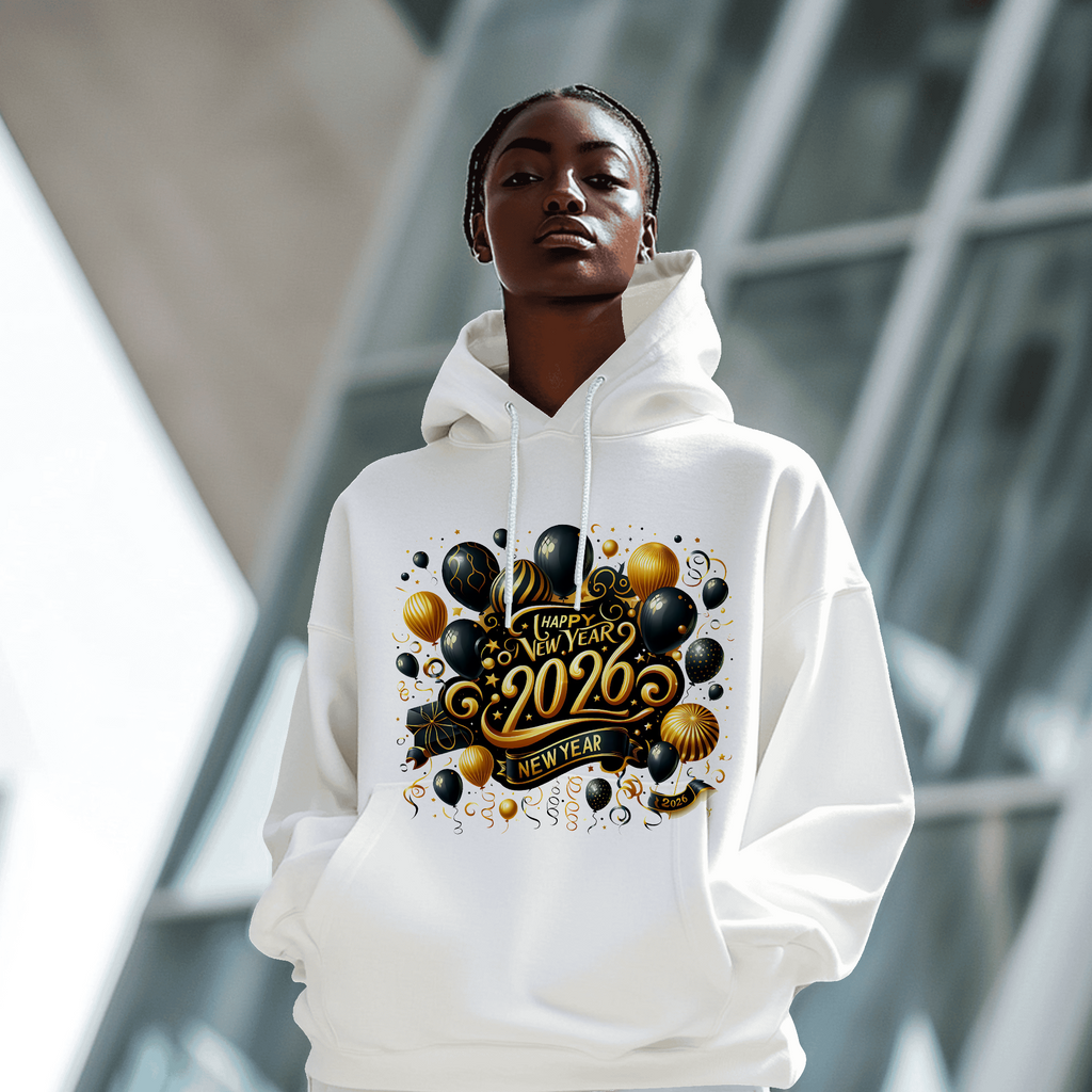 Happy New Year 2026 — Gold Balloon Celebration Premium DTF Heat Transfer (Film Only)