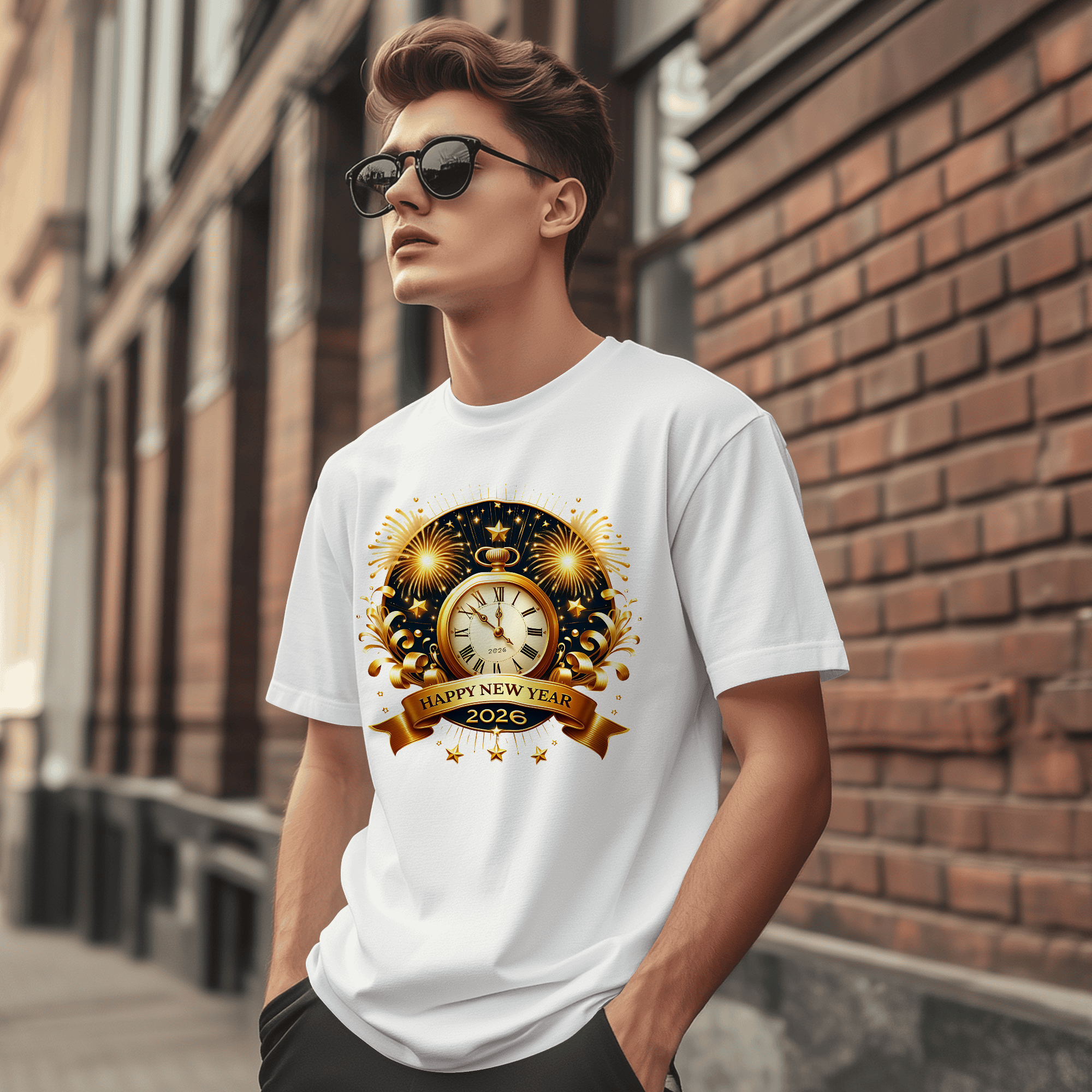 Happy New Year 2026 — Midnight Clock Fireworks Premium DTF Heat Transfer (Film Only)