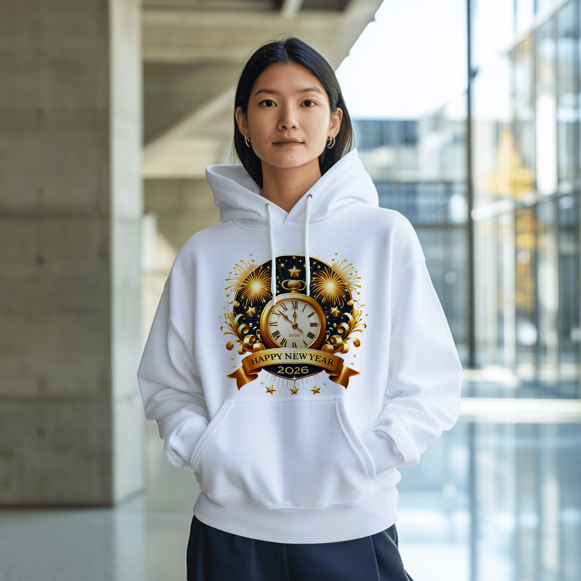 Happy New Year 2026 — Midnight Clock Fireworks Premium DTF Heat Transfer (Film Only)