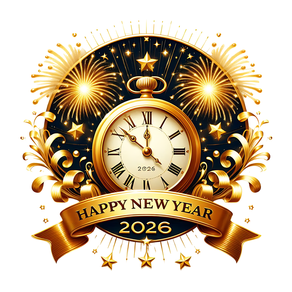 Happy New Year 2026 — Midnight Clock Fireworks Premium DTF Heat Transfer (Film Only)
