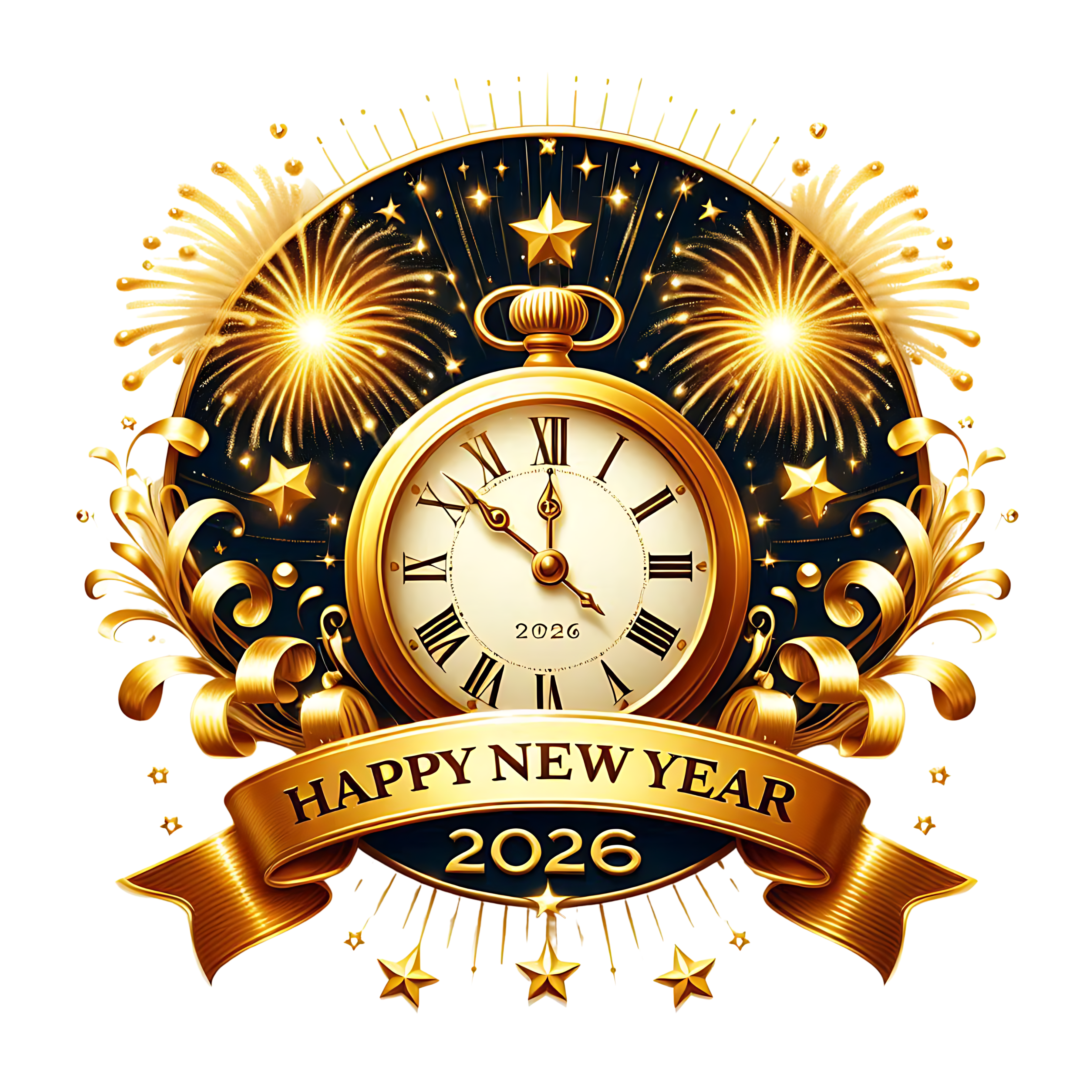 Happy New Year 2026 — Midnight Clock Fireworks Premium DTF Heat Transfer (Film Only)