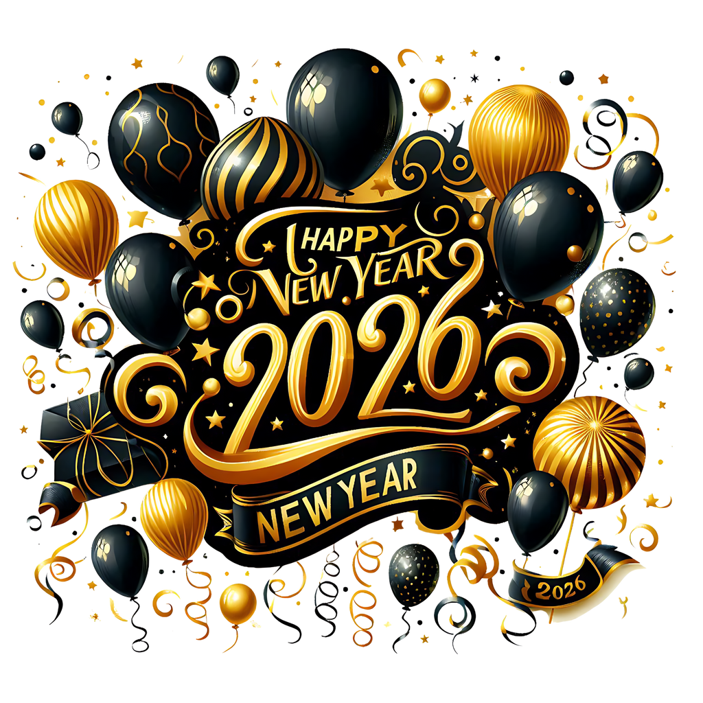 Happy New Year 2026 — Gold Balloon Celebration Premium DTF Heat Transfer (Film Only)