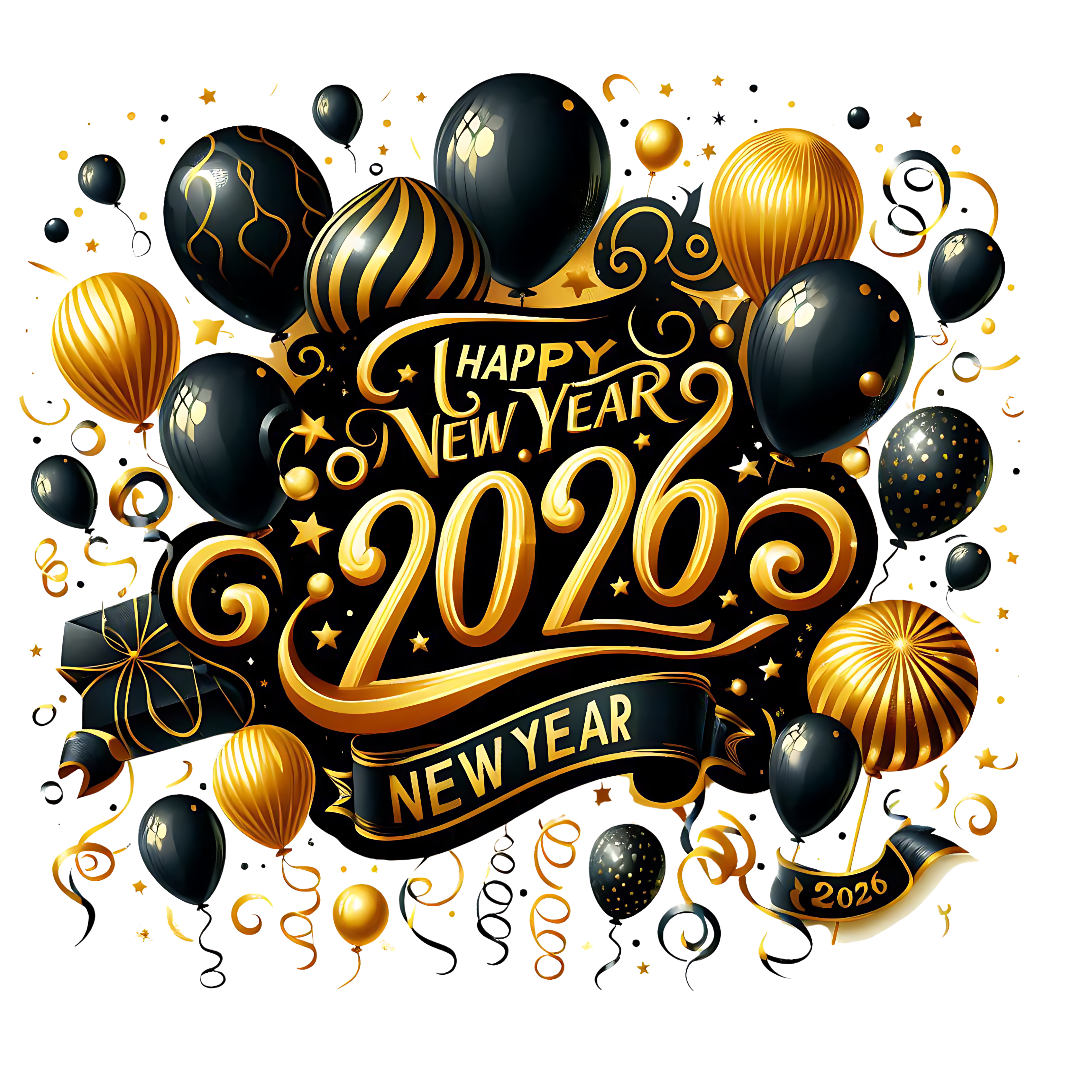 Happy New Year 2026 — Gold Balloon Celebration Premium DTF Heat Transfer (Film Only)
